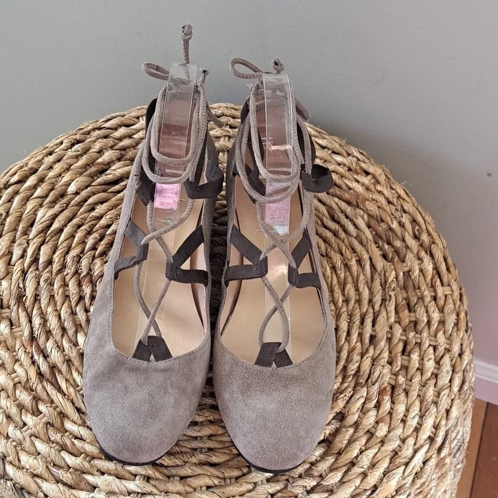 FS/NY French Sole Womens Taupe Suede Elastic/String Lace-up Ballet Wedge Flats 8